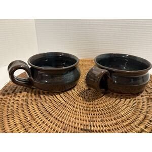 Blue/Brown Hand Thrown Signed Art Studio Pottery Mug Handled Soup Bowl - Set 2